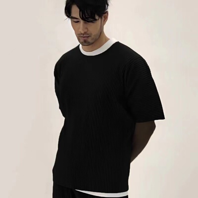 三宅一生褶皱短袖圆领宽松T恤男