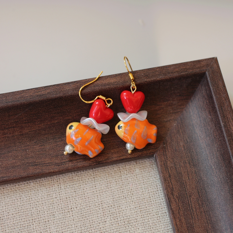 【满20包邮】原创手作耳环可爱红色陶瓷珠爱心小鱼耳环无耳洞耳夹
