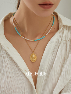 艾莉蔻 新中式天然蓝绿松石淡水小米珠珍珠项链女颈饰锁骨链