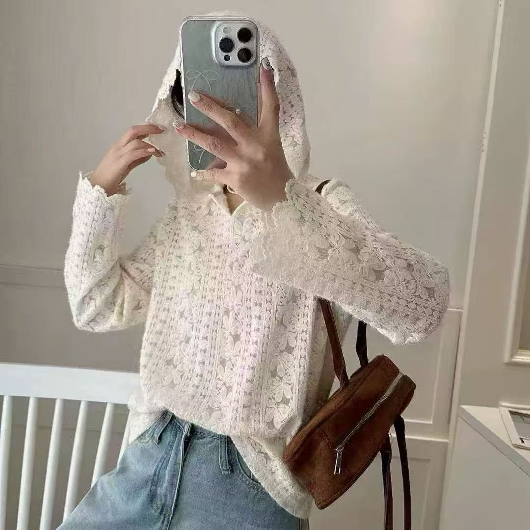 蕾丝连帽长袖T恤女白色钩花