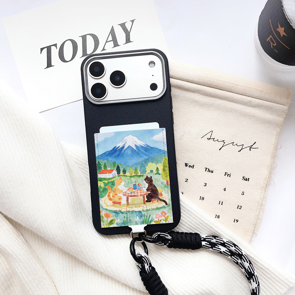 春日猫咪一体固定卡包手机壳苹果17promax旅游带卡iPhone17pro身份证16pro挂绳16promax皮质卡套15/14/13大孔