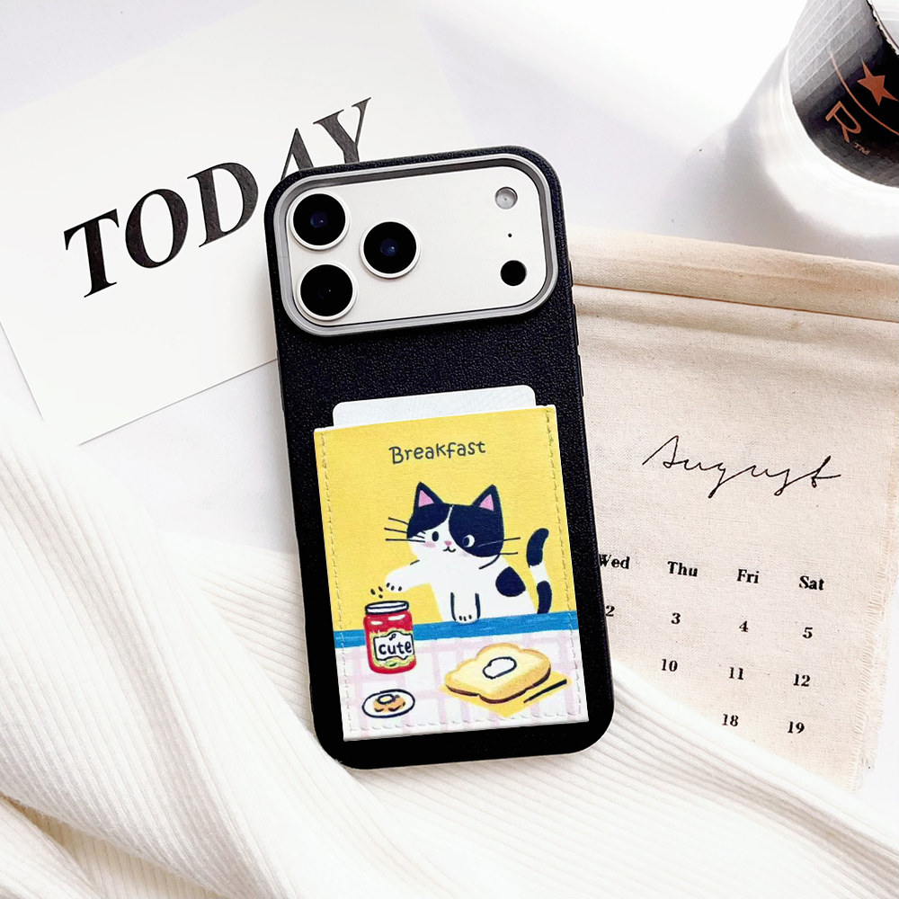 记得吃早餐 可爱猫咪手机壳带卡包iphone17pro装卡收纳苹果17promax身份证16promax插卡套17大孔15/14软17air