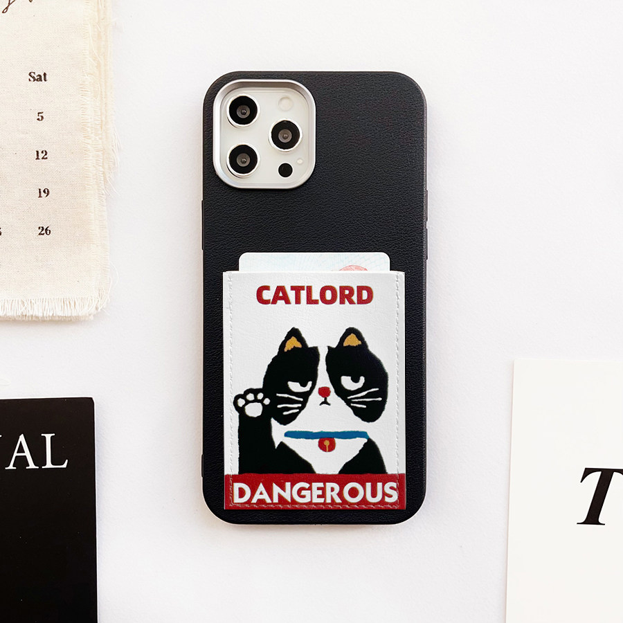 酷酷的猫 可爱卡通手机壳带卡包适用苹果16promax背贴卡套15pro门禁插卡iPhone16护身符电梯卡收纳14/13软壳X