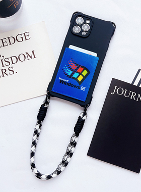 复古怀旧WIN95图标手机壳带卡包适用iPhone16pro挂绳防摔15promax苹果16/15/14/13门禁身份证电梯卡收纳12PRO