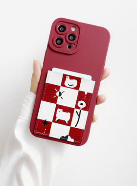 文艺可爱暗红色创意手机壳带卡包适用iPhone16promax背贴卡套15pro苹果16电梯门禁插卡槽14/13/12软全包防摔X
