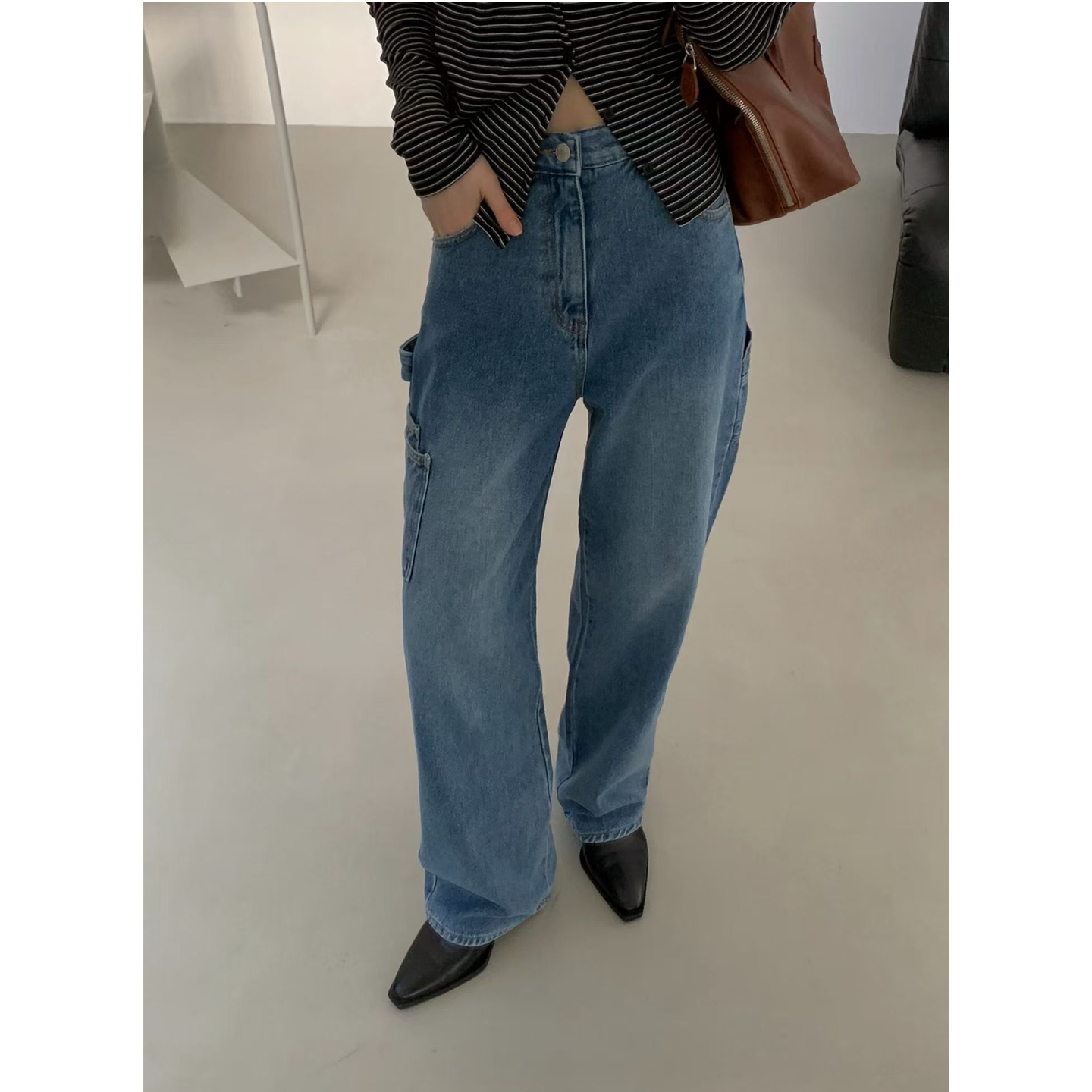 复古显瘦磨毛高腰宽松牛仔裤