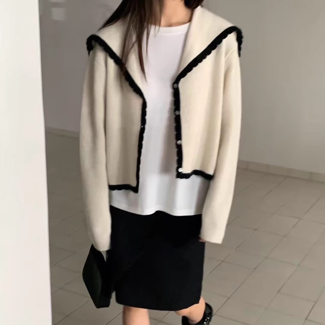 韩国东大门女装2025秋冬款翻领撞色边小香宽松针织开衫毛衣外套