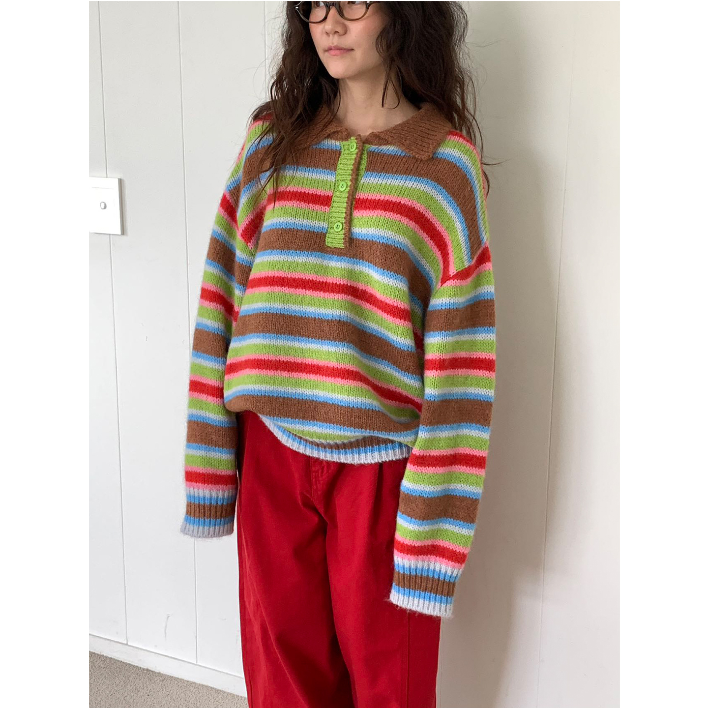 宽松Polo领针织条纹针织衫毛衣