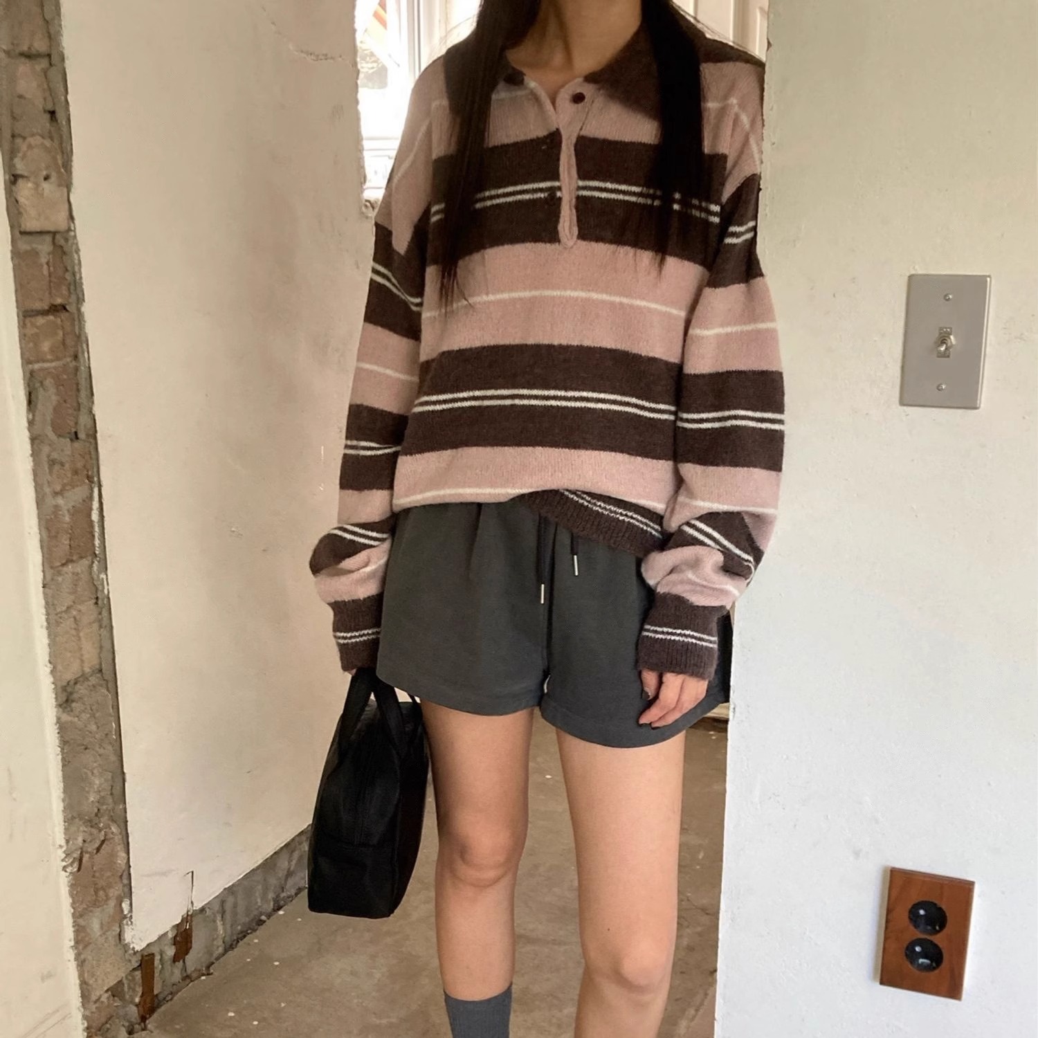 翻领半系扣条纹针织衫宽松毛衣