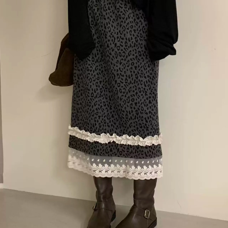 甜美减龄豹纹蕾丝边半身裙长裙
