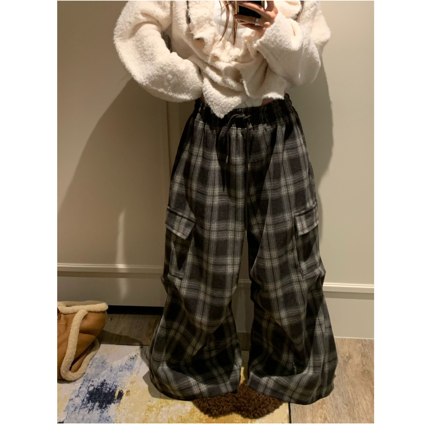 法式复古格子松紧腰阔腿休闲裤女