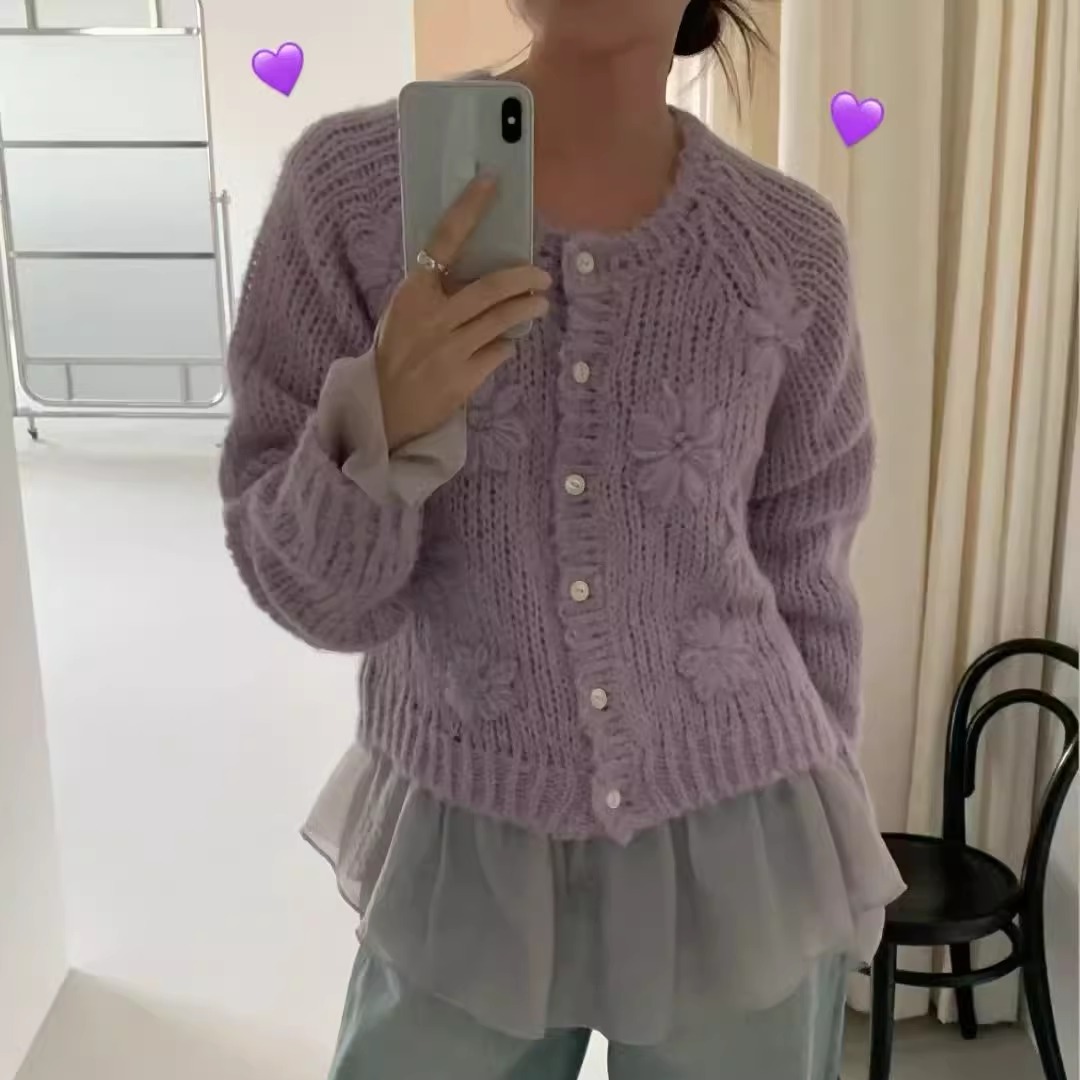 针织立体花朵开衫女毛衣外套