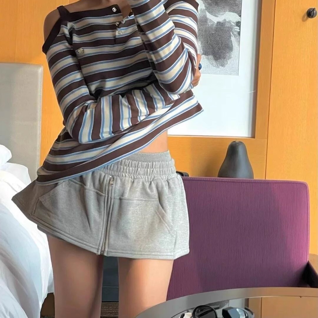 韩国东大门2025早秋款拉链A字假两件短裙裤松紧腰半身裙短裙女