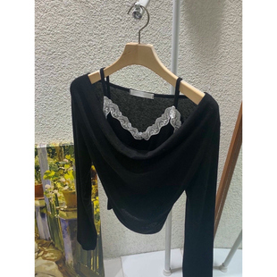 韩国东大门2026春温柔褶皱蕾丝吊带假两件套针织衫上衣长袖T恤女