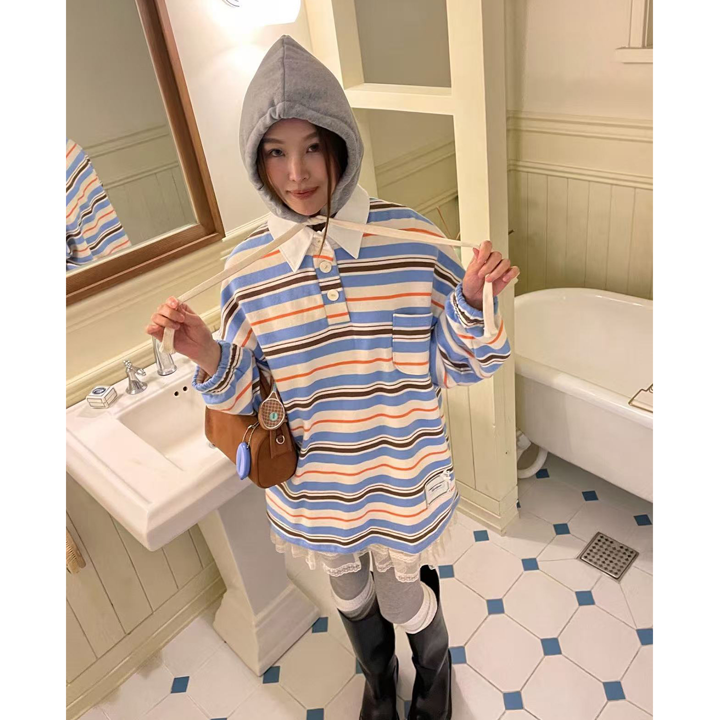 拼接连帽条纹长袖宽松休闲卫衣