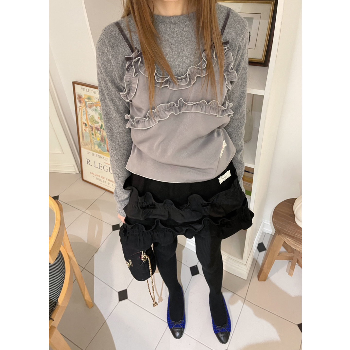 拼接花边吊带假两件长袖圆领T恤