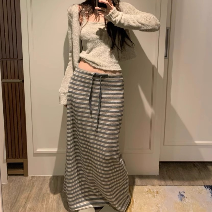 系带条纹半裙半身裙磨毛长裙