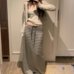 韩国东大门2025秋冬洋气长款系带条纹半裙半身裙磨毛长裙子女