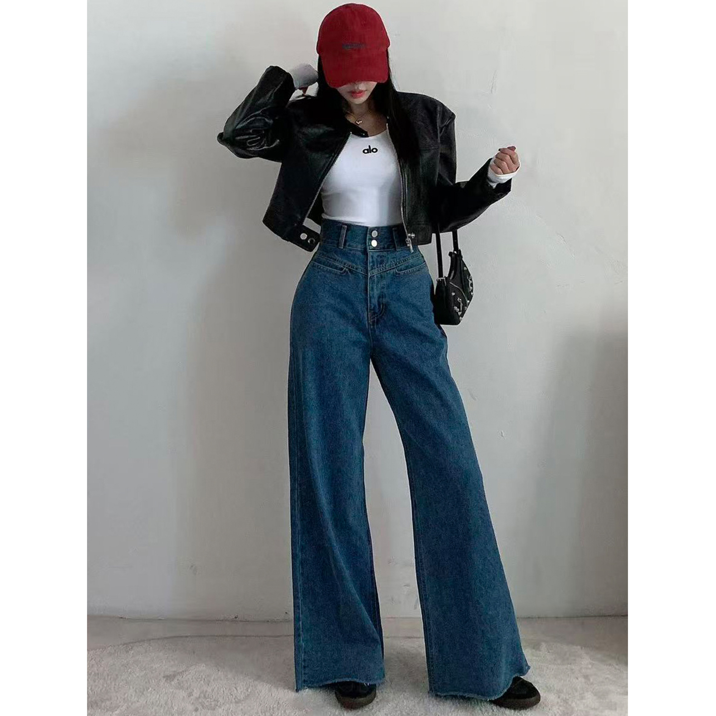 秋冬加绒双扣阔版牛仔裤高腰