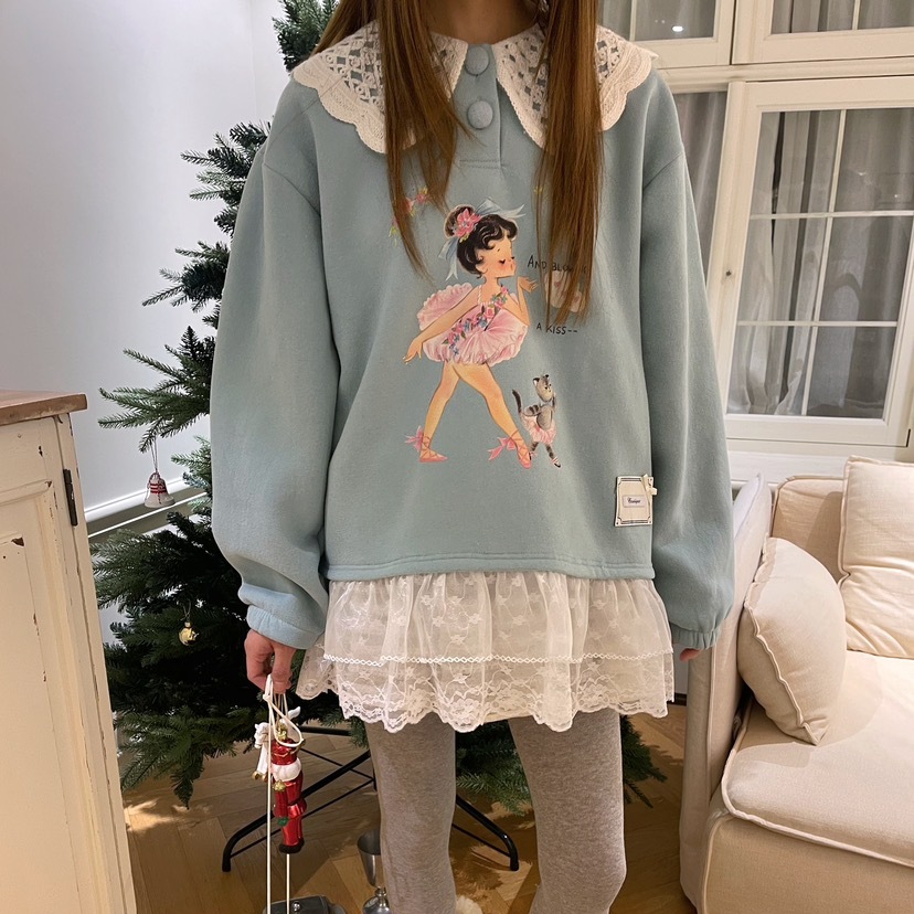 甜美花边蕾丝翻领长款卫衣裙