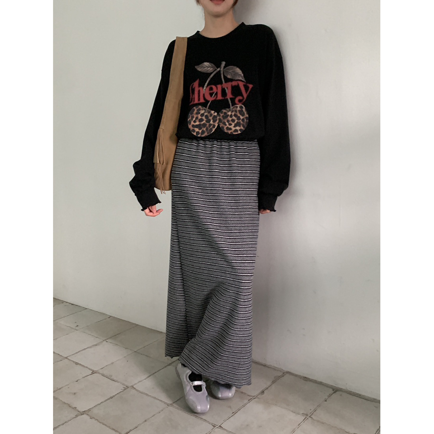 气质条纹长款松紧腰半身裙