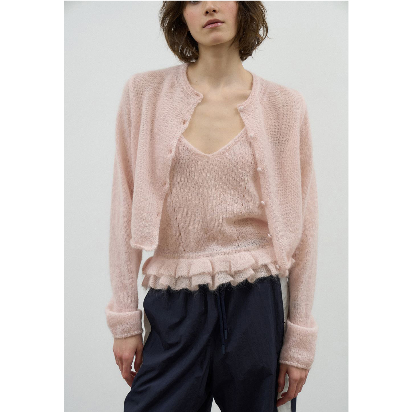 韩国东大门设计师2025荷叶边针织开衫外套吊带背心两件套女