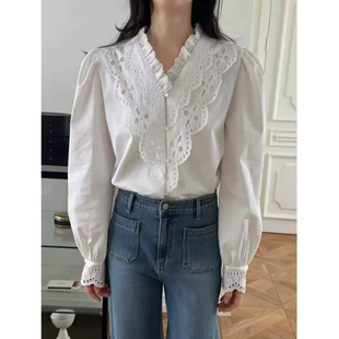 韩国东大门2026春款甜美镂空花边长袖公主风黑白衬衫V领衬衣女