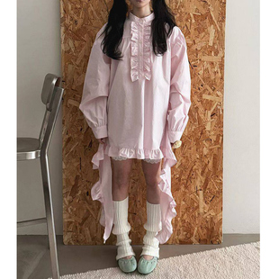 2026春韩国东大门木耳边飘带宽松长袖衬衫不规则流苏衬衣连衣裙女