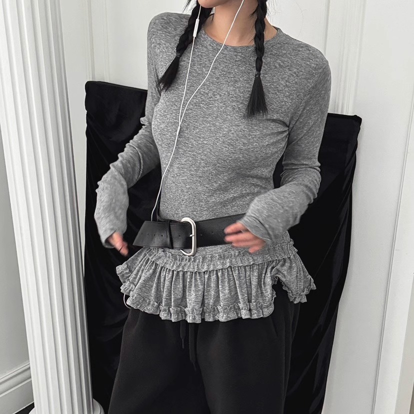 蕾丝花边荷叶边长袖修身T恤