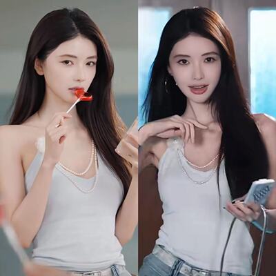 方圆同款 蓝色吊带背心花朵装饰珍珠短款辣妹上衣