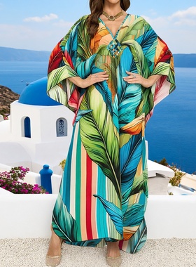 秋季新款绝美绿色海岛度假连衣裙海南泰国氛围感宽松海边沙滩长裙