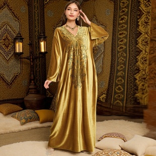 秋季女装新款刺绣金色连衣裙琥珀流光高级感长裙迪拜埃及中东长袍