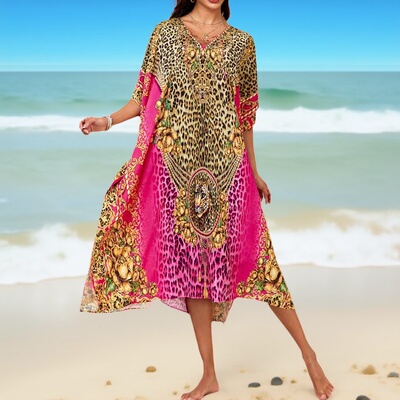 夏季新款豹纹中长款宽松连衣裙