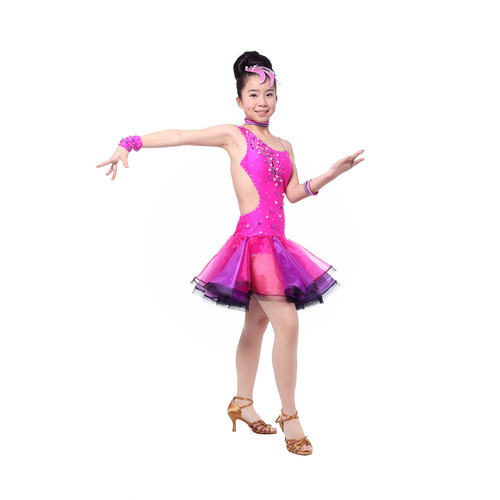女童拉丁舞蹈演出服彩钻网纱套装