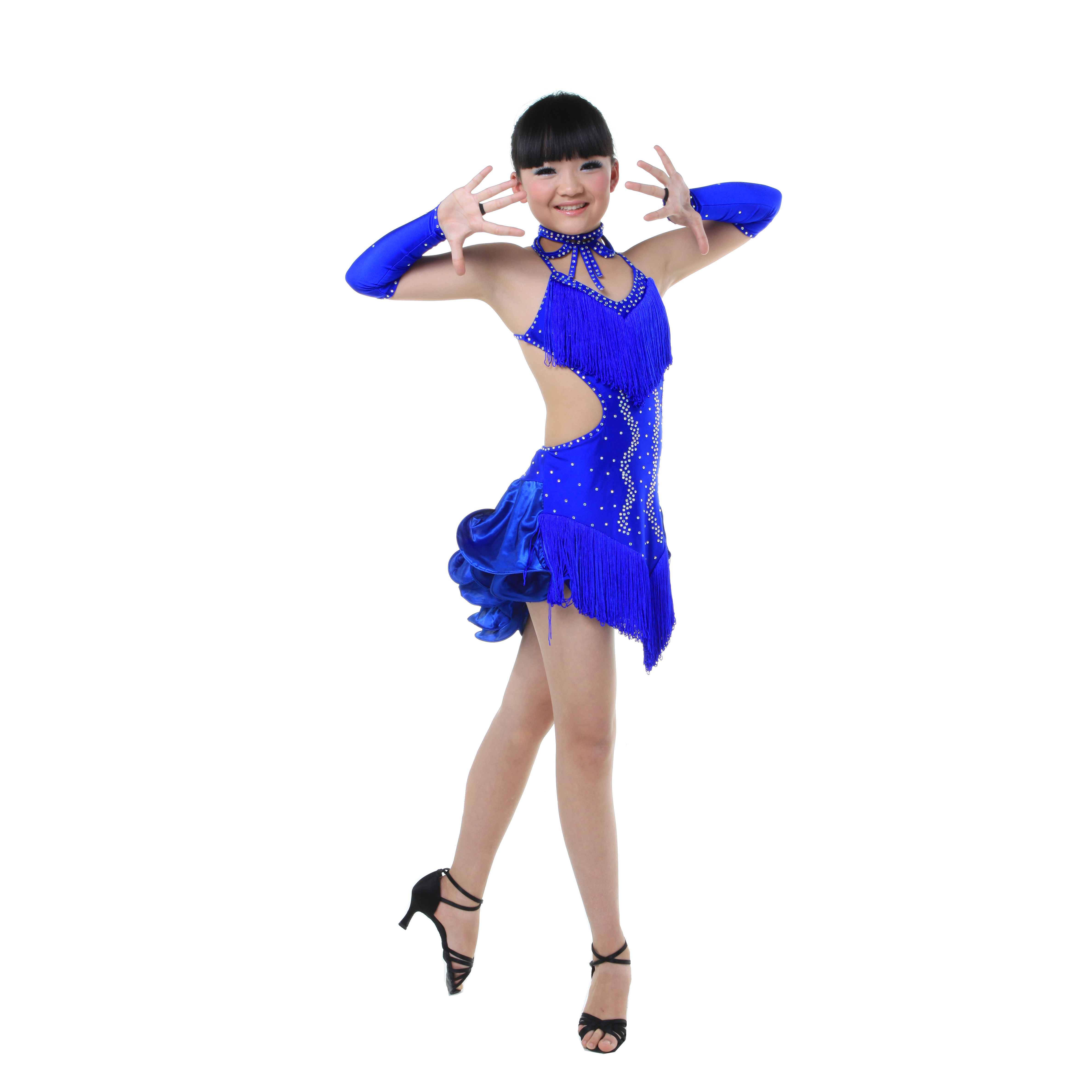 少儿女童拉丁舞演出服水钻亮片流苏围脖手袖蛋糕裙表演比赛165cm