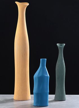 极简绿色陶瓷花瓶黄色蓝色小口拉丝纹理桌面样板间民宿装饰摆件