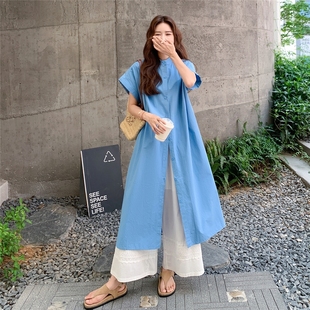 蓝色韩版 休闲文艺范女夏衬衫 白色休闲阔腿裤 叠穿两件套连衣裙新款