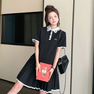 新款 黑色小个子甜美少女感连衣裙2025女夏季 学院风蕾丝拼接polo裙