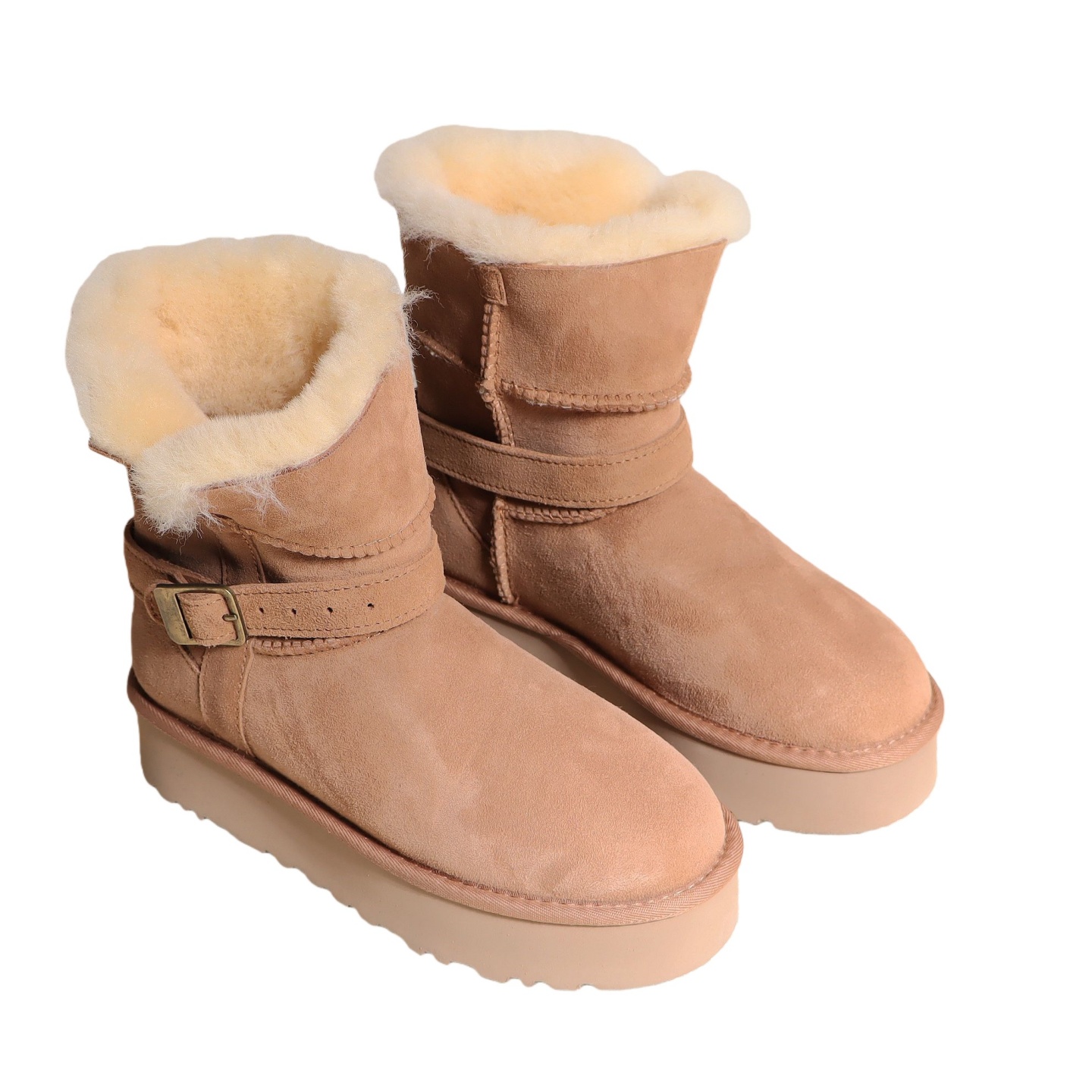 羊皮毛一体皮带扣骑士靴女