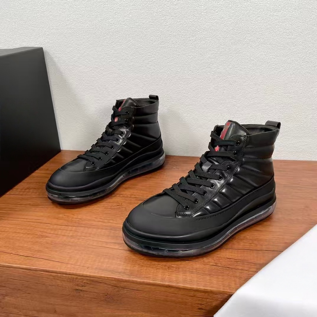 男士黑色真皮高帮鞋气垫厚底增高系带运动鞋潮流百搭休闲鞋男平底