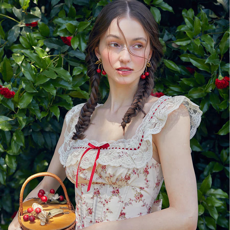 【现货秒发红石榴法式棉制田园风蕾丝印花鱼骨胸衣连衣裙印花裙夏