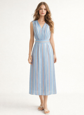 26简约度假风通勤V领无袖条纹蓝色连衣裙女中长款收腰显瘦气质裙