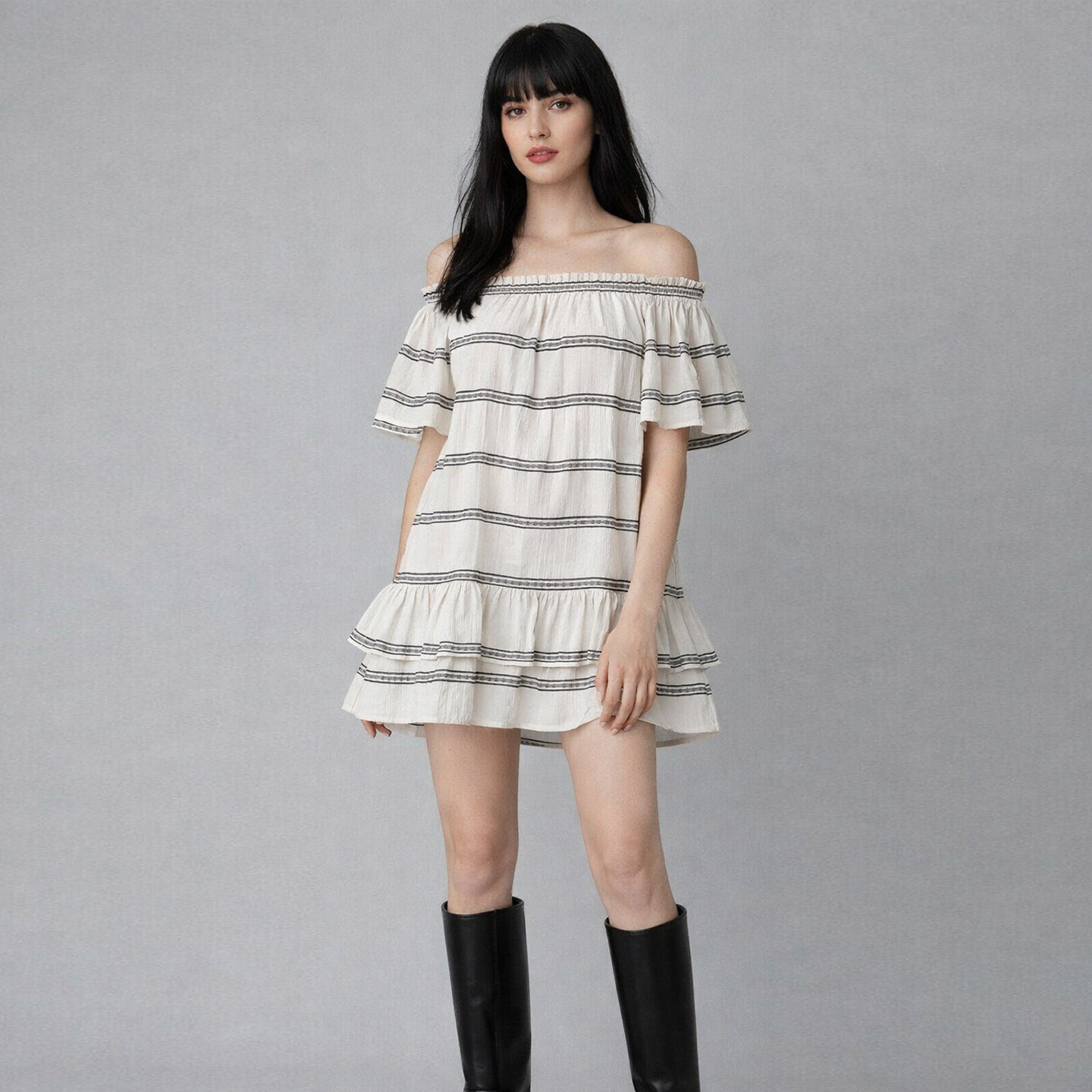 2026夏季新款休闲度假风一字领露肩宽松条纹棉麻荷叶边短款连衣裙,女装/女士精品,连衣裙,淘宝优惠券,粉丝福利购,淘宝优惠卷