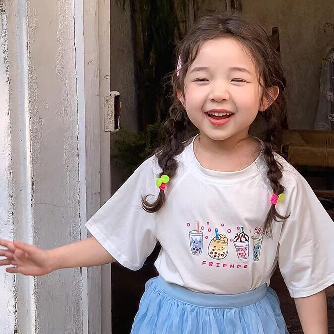 韩版落肩袖宽松短袖T恤女童夏季薄款白色圆领上衣百搭夏天棉半袖T