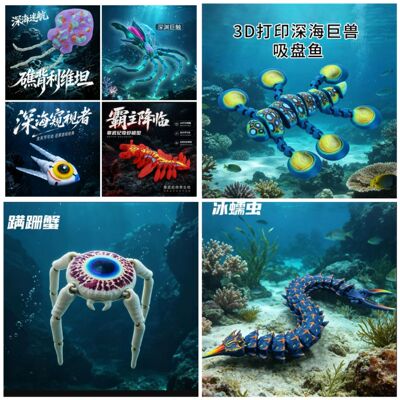 食海者玩具模型3D打印深海迷航史前巨兽海怪玛吸盘鱼冰蠕虫蹒跚蟹