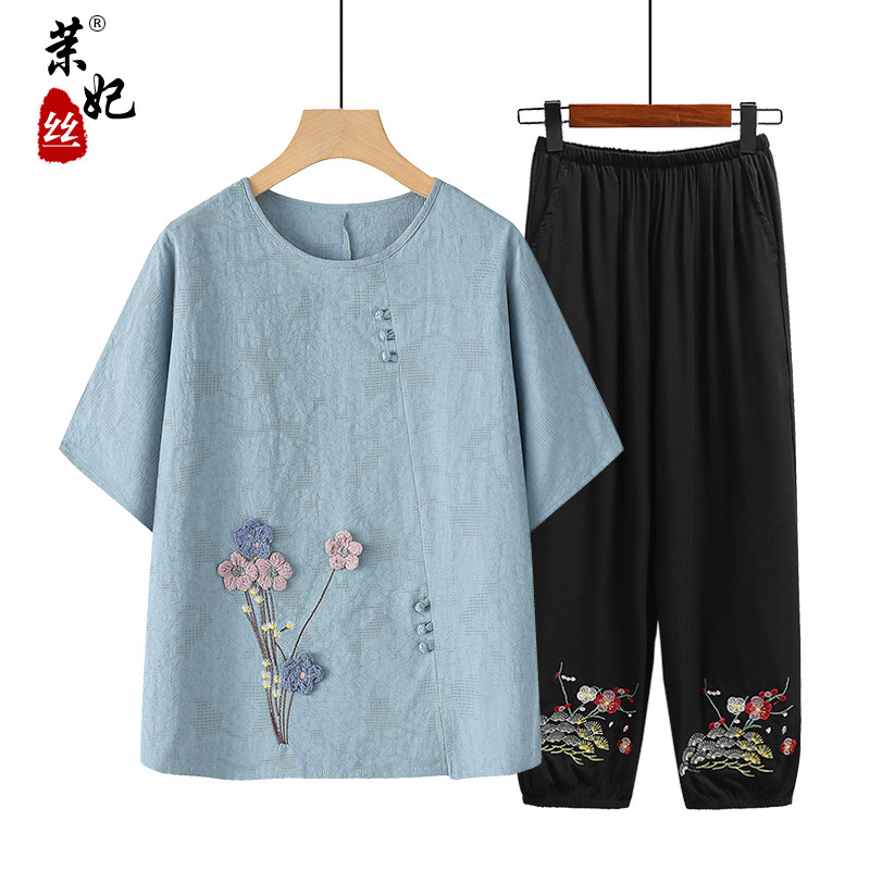 妈妈夏装中老年短袖奶奶套装T恤