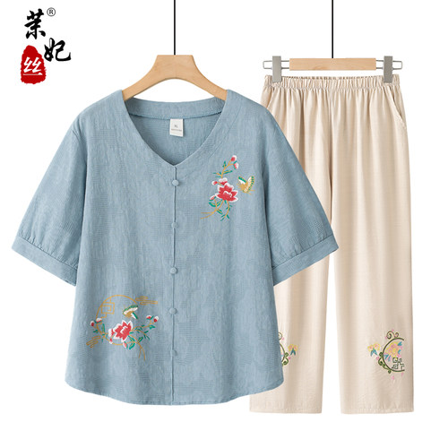 母亲节妈妈夏装中老年短袖套装薄