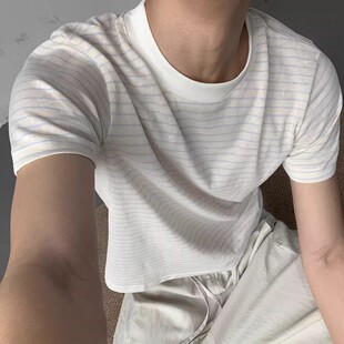 正肩半高领透气宽松男女款 夏季 T恤 型短袖 上衣 黑白条纹Boxy版