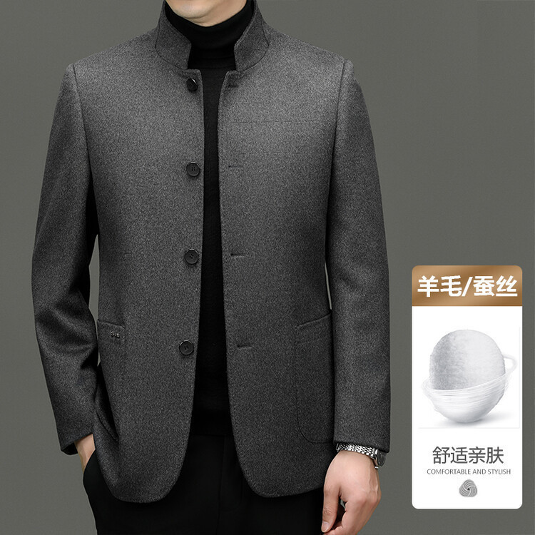 高端羊毛桑蚕丝中山装男立领外套中年秋冬结婚毛呢西服爸爸婚宴装
