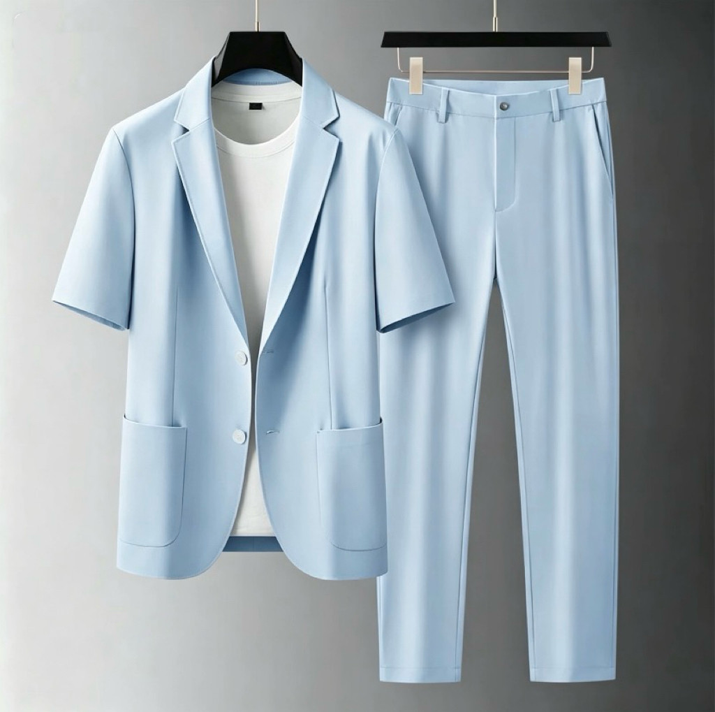 夏季冰丝免烫短袖西服两件套男